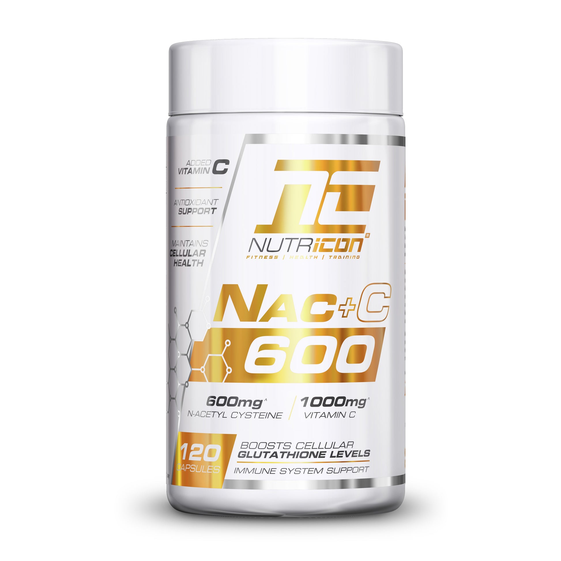 A container of Nutricon NacC600 supplement, featuring 120 capsules with a label showing the product name and dietary information.