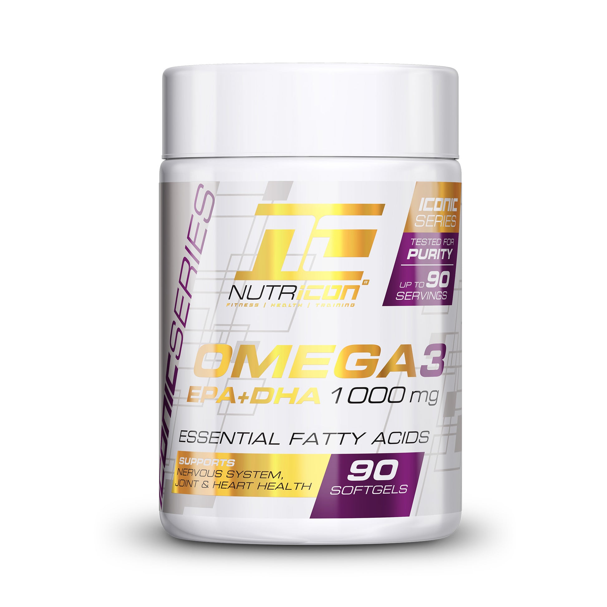 A container of Nutricon Omega 3 supplements with 90 softgels, highlighting the benefits of essential fatty acids.