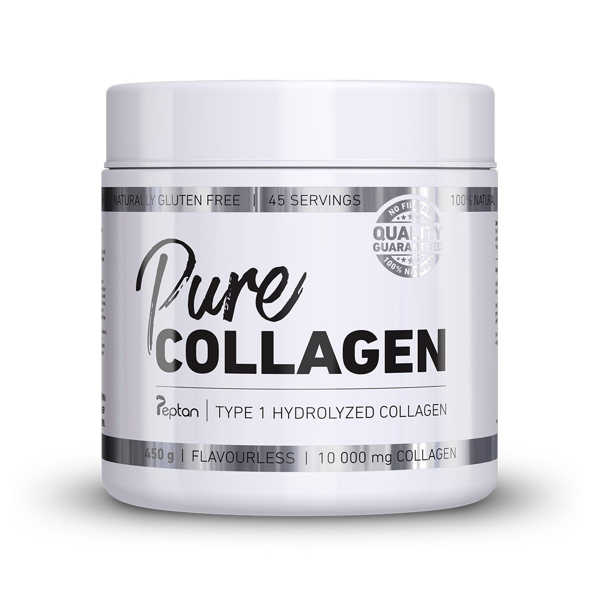 A container of Nutricon Pure Collagen powder, labeled as gluten-free and flavorless, with 10,000 mg collagen per serving.