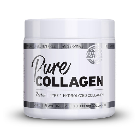 A container of Nutricon Pure Collagen powder, labeled as gluten-free and flavorless, with 10,000 mg collagen per serving.