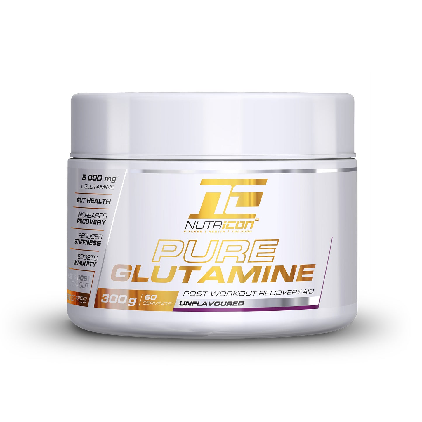 A container of Nutricon Pure Glutamine, with a white and orange label, indicating 5000 mg of pure L-Glutamine per serving.