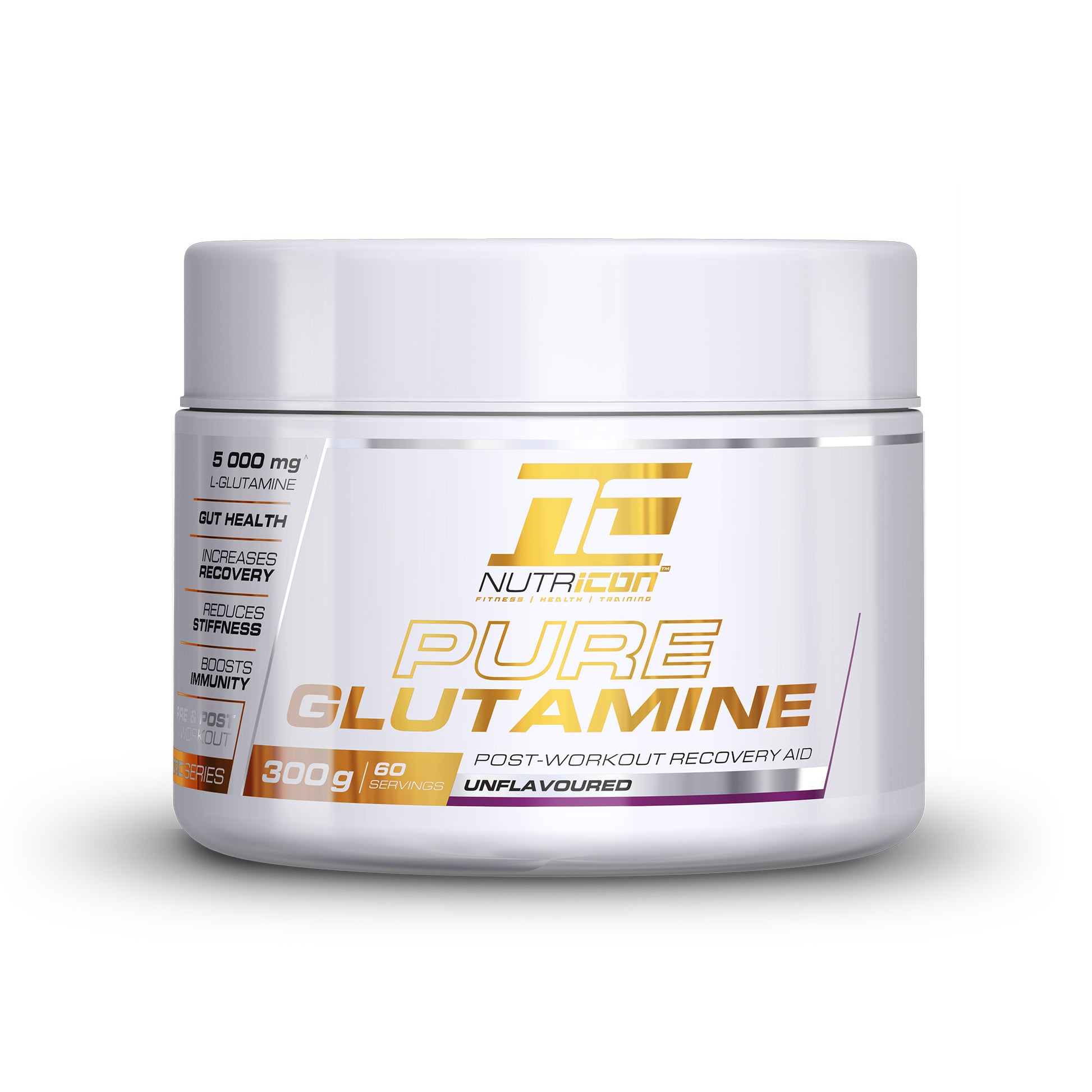 A container of Nutricon Pure Glutamine, with a white and orange label, indicating 5000 mg of pure L-Glutamine per serving.