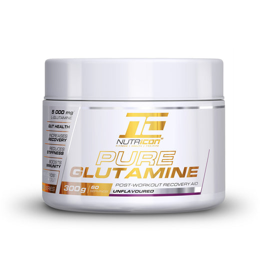 A container of Nutricon Pure Glutamine, with a white and orange label, indicating 5000 mg of pure L-Glutamine per serving.