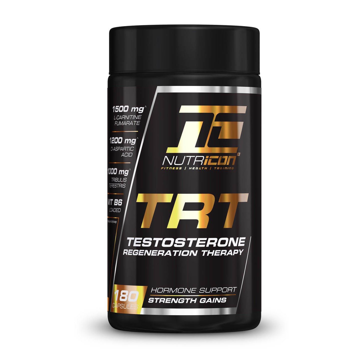 A container of Nutricon TRT Testosterone Regeneration Therapy, which contains 180 capsules for strength training and hormone support.