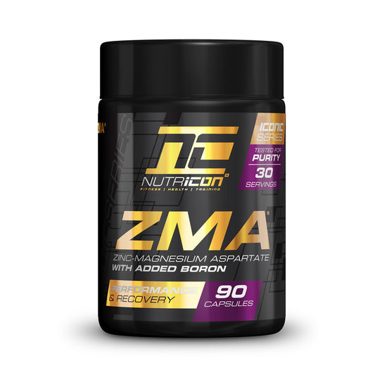 A container of Nutricon ZMA, which contains 90 capsules for performance and recovery, featuring zinc, magnesium, and boron as its main ingredients.