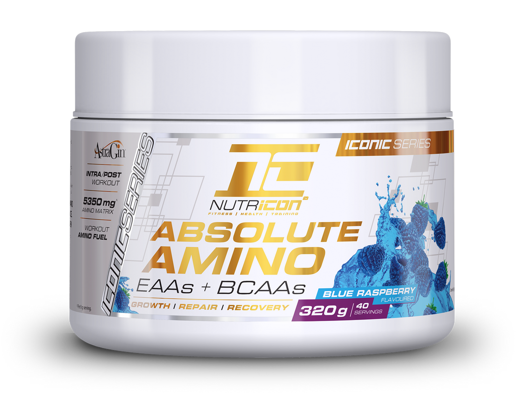 A container of Nutricon Absolute Aminos in Blue Raspberry flavor, 320g size, with the brand logo and product information displayed on the label.