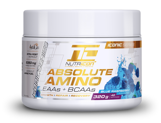 A container of Nutricon Absolute Aminos in Blue Raspberry flavor, 320g size, with the brand logo and product information displayed on the label.