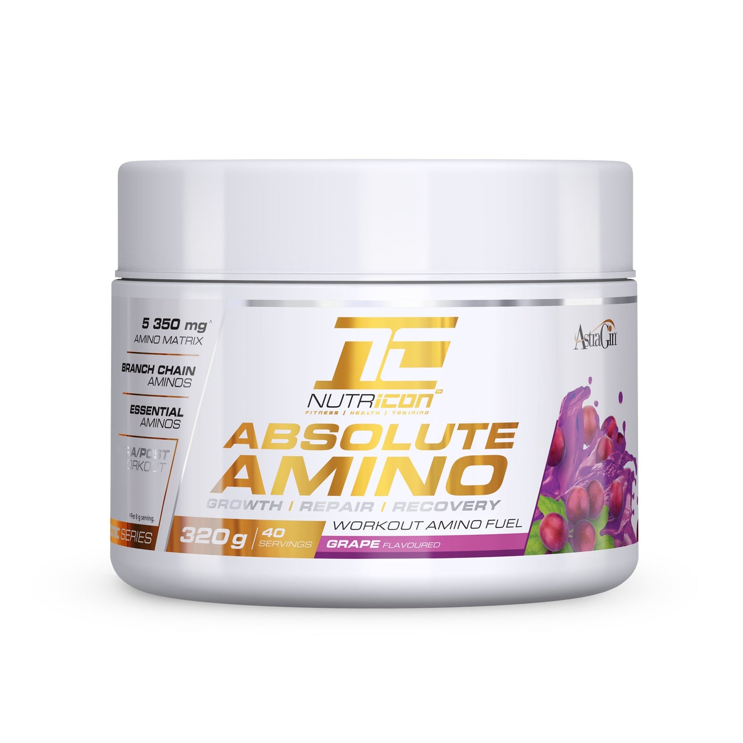 A container of Nutricon Absolute Amino EAA in Grape flavor, primarily white in color with purple and orange accents, and text detailing the product size and amino acid content.