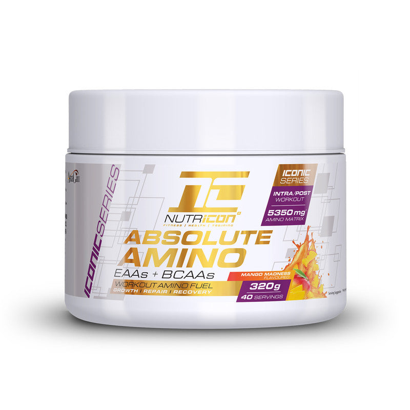 A container of Nutricon Absolute Aminos, EAA, in Mango Madness flavor, with 320g of product.