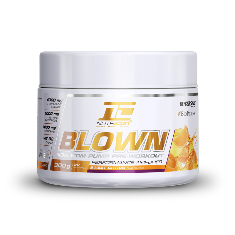 A container of Nutricon Blown Pre-Workout in Sweet Citrus flavor, with a weight of 300g, designed for performance amplification and muscle pump.