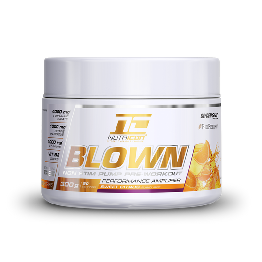 A container of Nutricon Blown Pre-Workout in Sweet Citrus flavor, with a weight of 300g, designed for performance amplification and muscle pump.