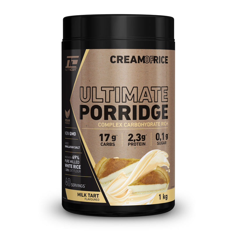 A container of Nutricon Cream of Rice Ultimate Porridge in Milk Tart flavor, with a weight of 1kg.