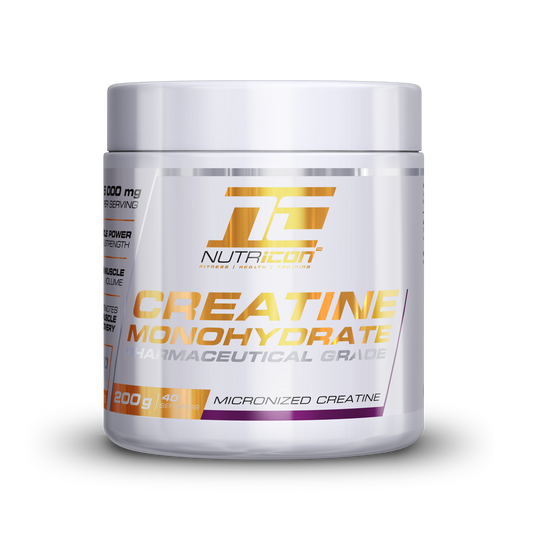 A container of Nutricon Creatine Monohydrate, 200g size, with branding and product information on the label.