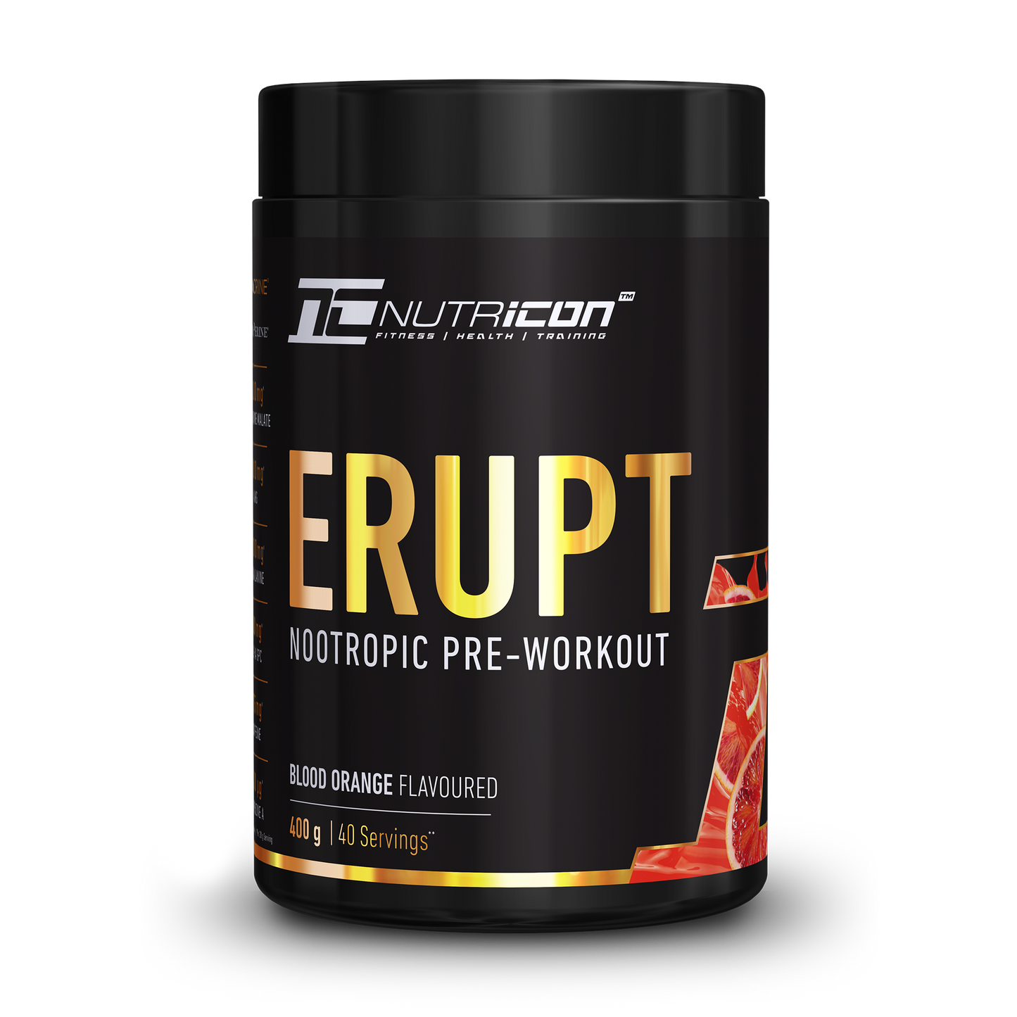 A container of Nutricon Erupt Nootropic Pre-Workout in Blood Orange flavor.
