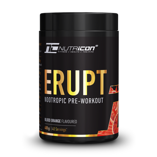A container of Nutricon Erupt Nootropic Pre-Workout in Blood Orange flavor.