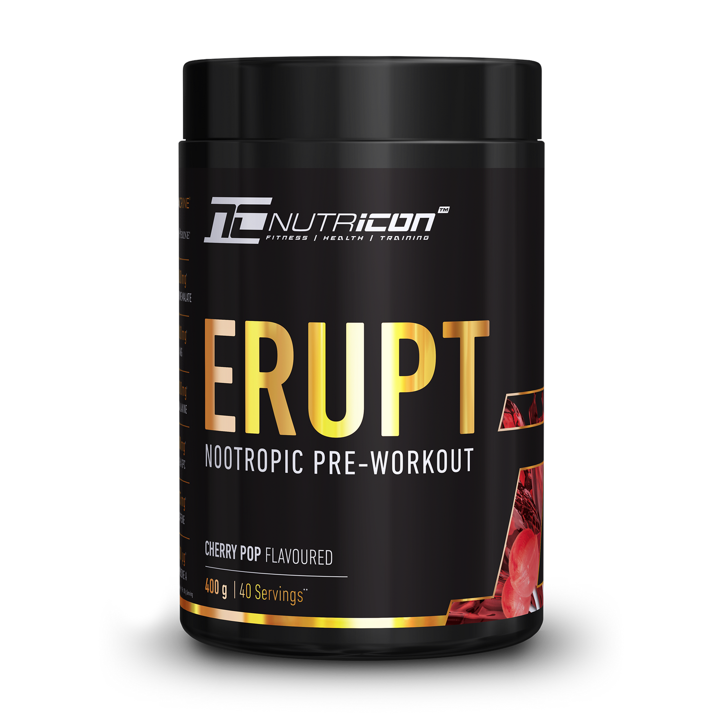 A container of Nutricon Erupt Nootropic Pre-Workout in Cherry Pop flavor. The container is black with gold and red text, and it states that it contains 448g of product with 14 servings.