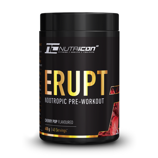 A container of Nutricon Erupt Nootropic Pre-Workout in Cherry Pop flavor. The container is black with gold and red text, and it states that it contains 448g of product with 14 servings.