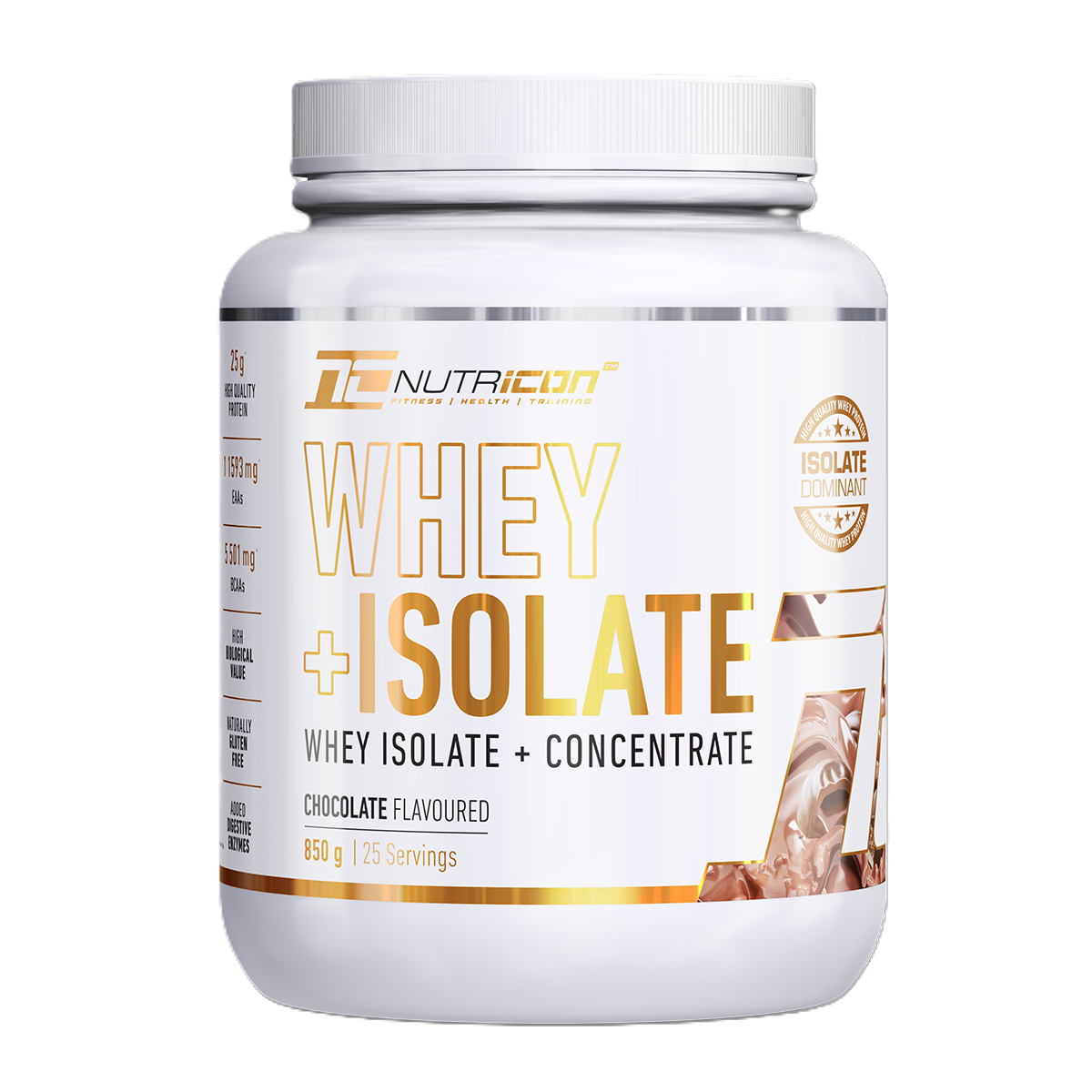 Nutra Icon Whey Isolate supplement container on a white background