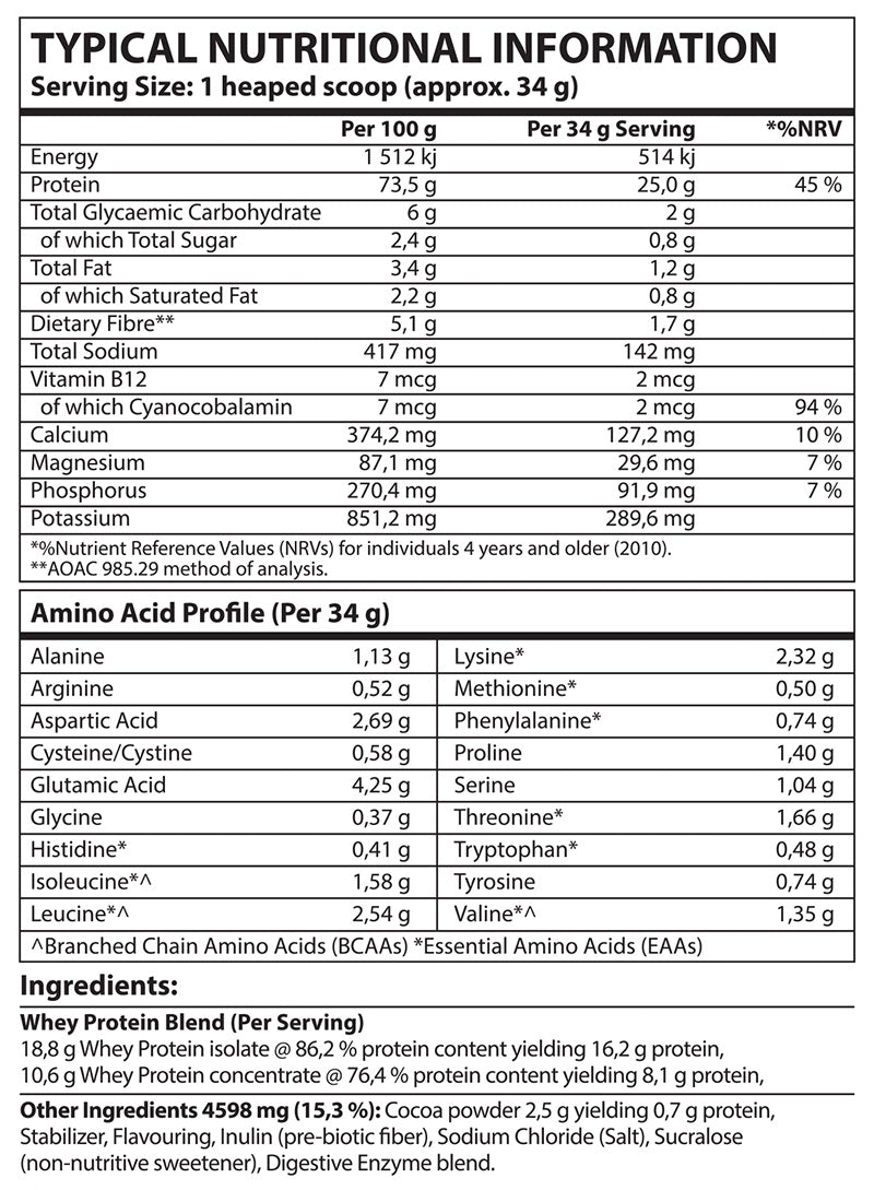 Nutritional information and amino acid profile of a protein supplement on a white background