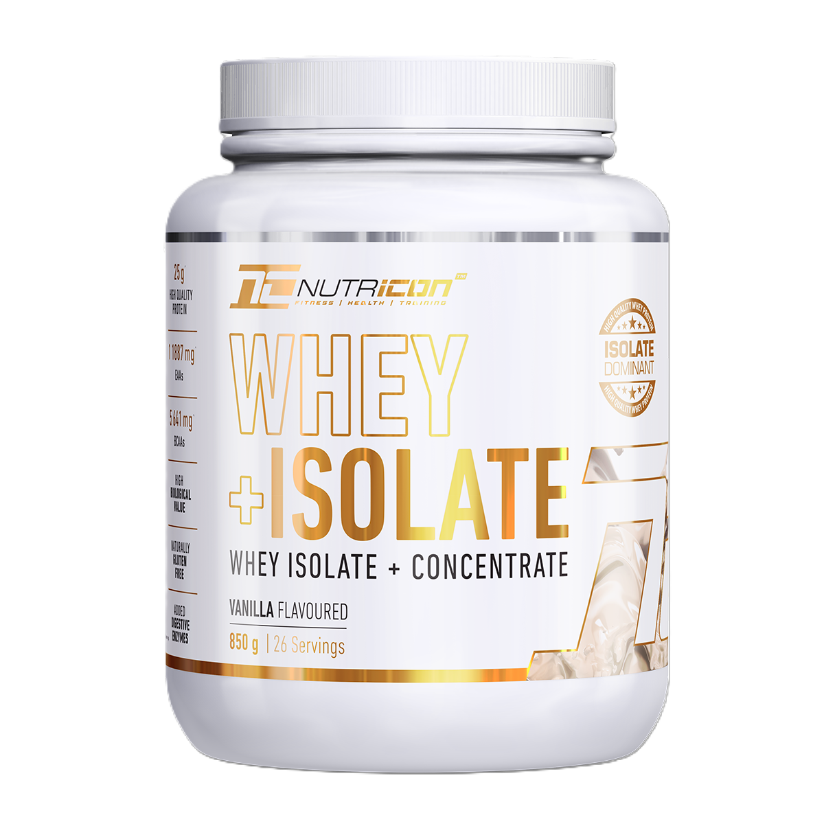 Nutra Icon Whey Isolate supplement container on a white background