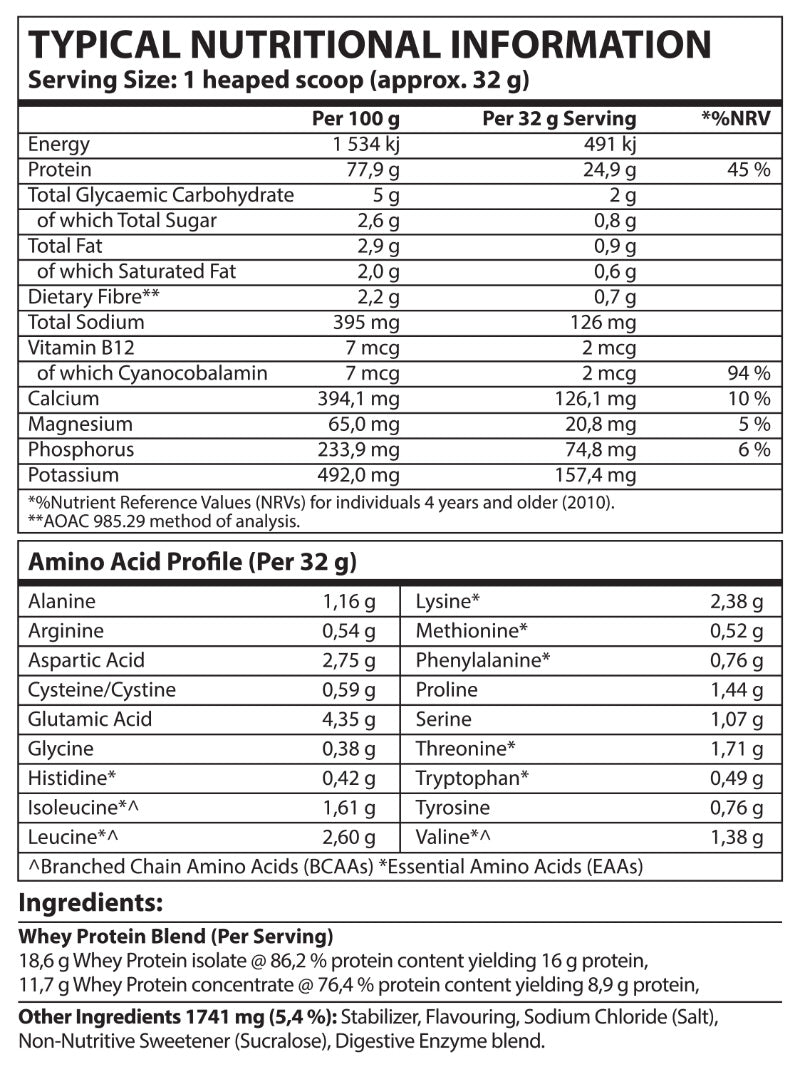 Nutritional information and amino acid profile of a protein supplement on a white background