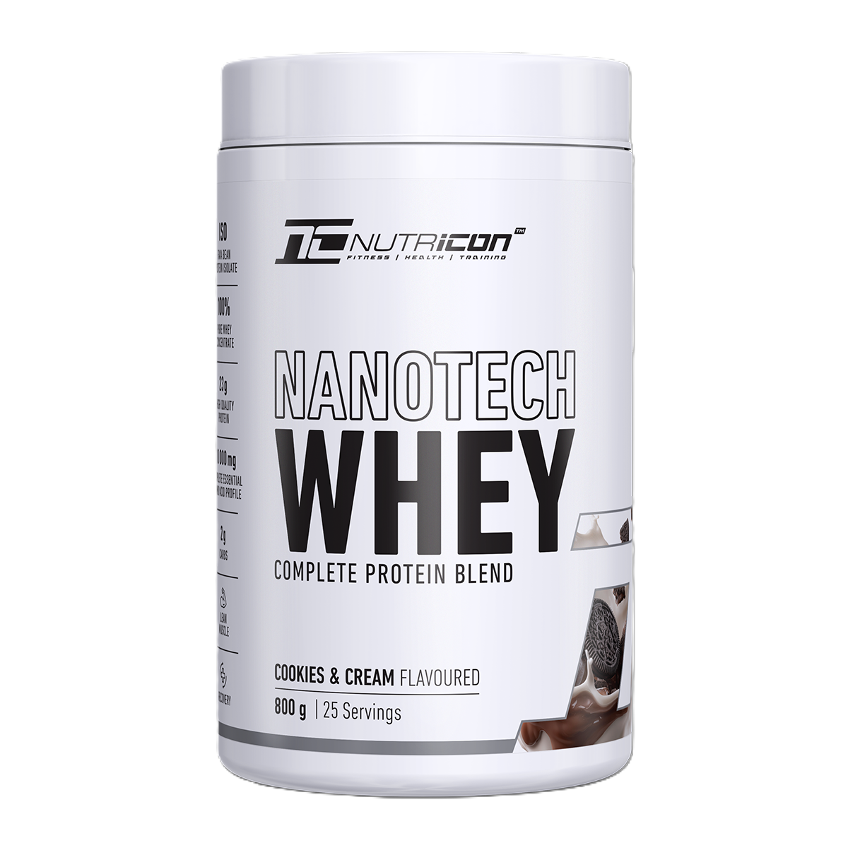 Nutricion Nanotech Whey protein powder container on a white background