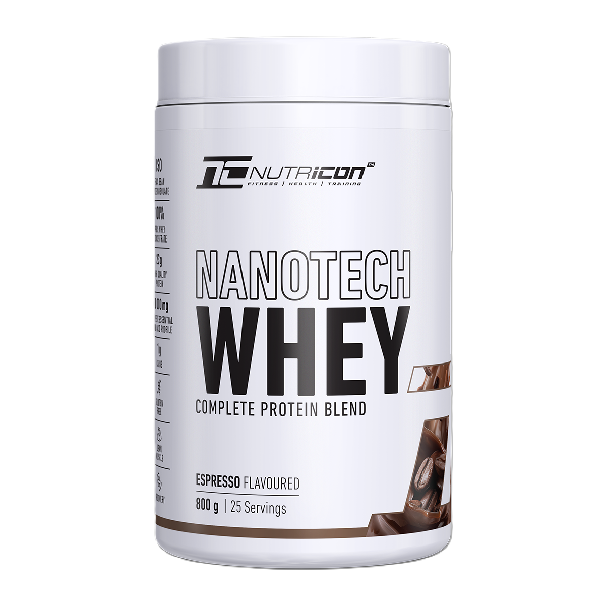 Nutricion Nanotech Whey protein powder container on a white background