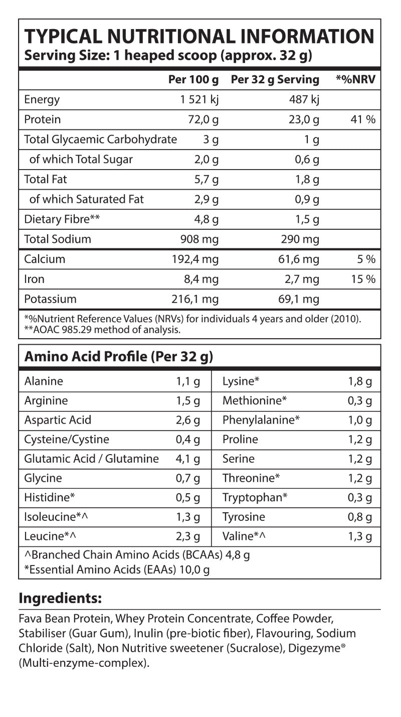 Nutritional information and amino acid profile label for a protein supplement.