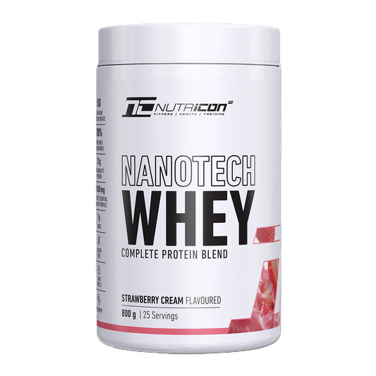 Nutricion Nanotech Whey protein powder container on a white background