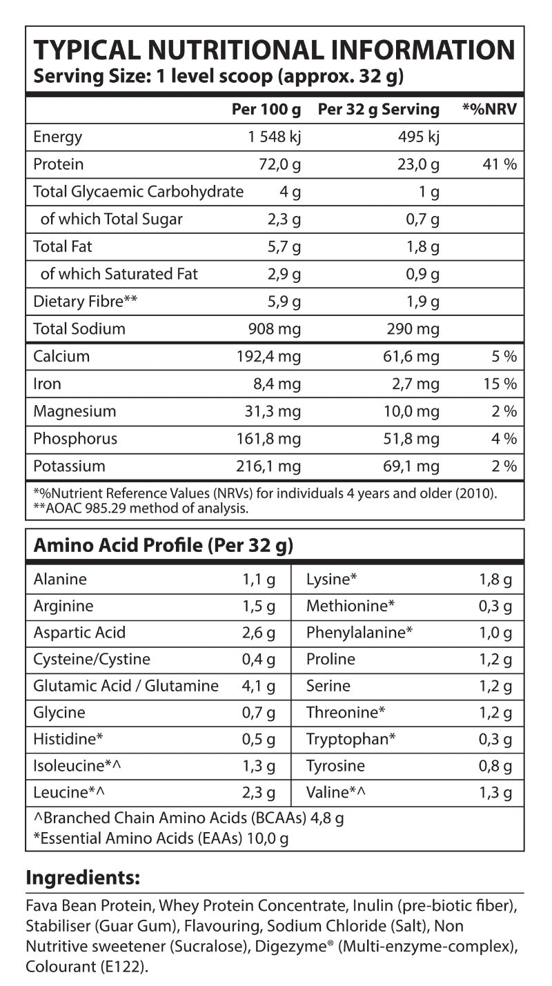 Nutritional information label for a protein supplement with serving size details.