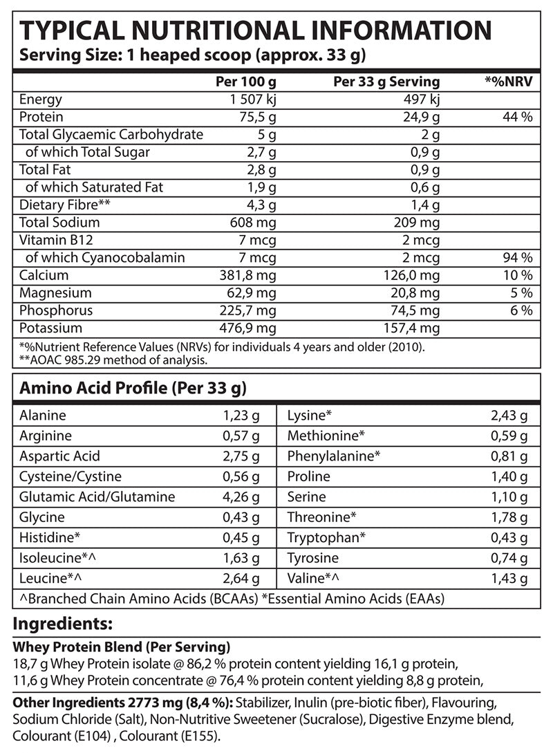 Nutritional information and amino acid profile of a protein supplement on a white background
