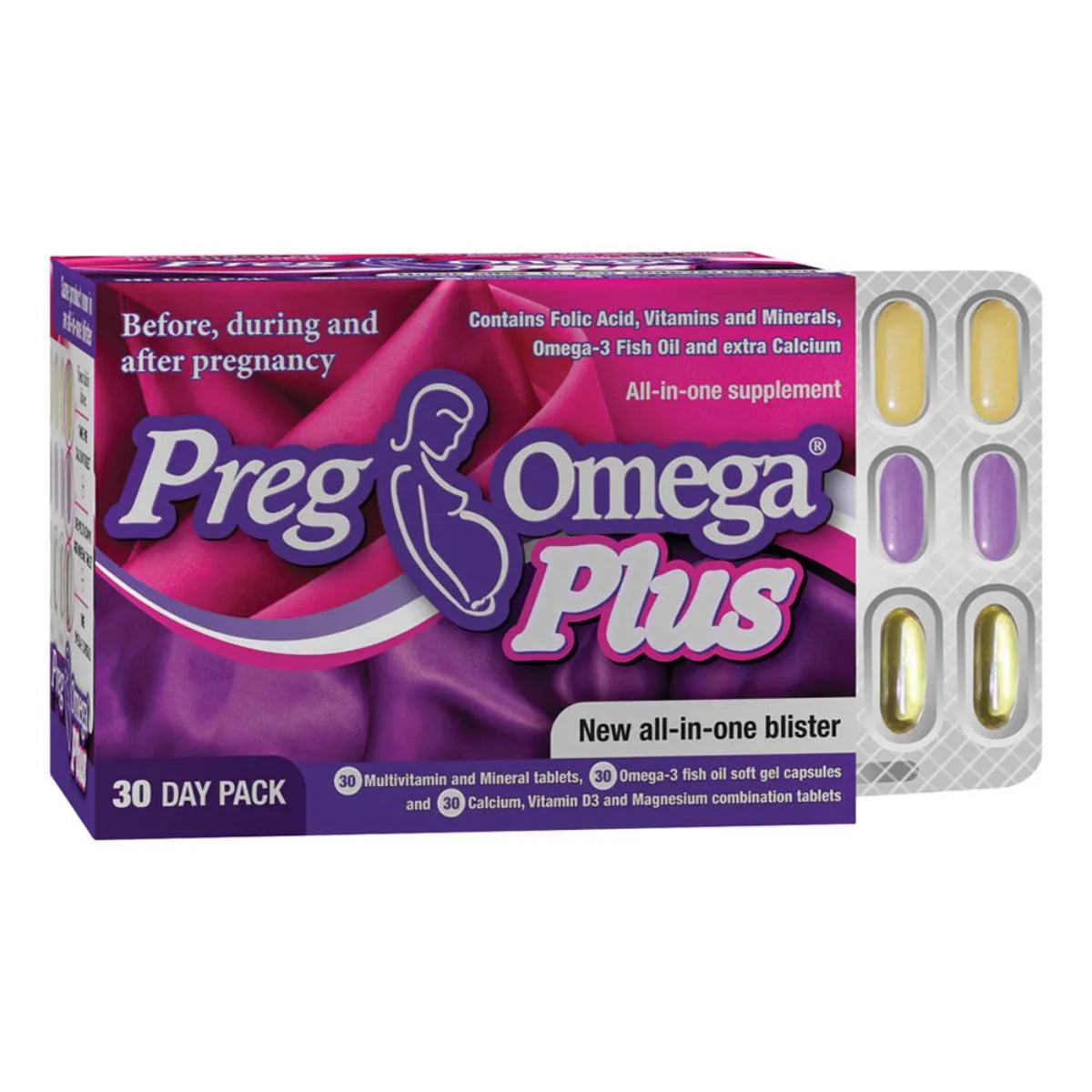 PregOmega Plus 30 Day Pack prenatal supplement box for pregnancy and breastfeeding support