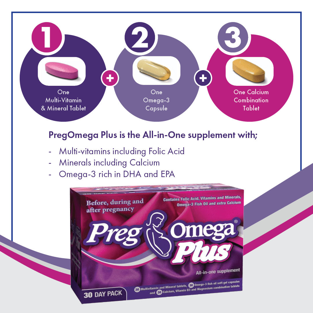 PregOmega Plus prenatal vitamins supporting healthy pregnancy, mom, and baby wellness