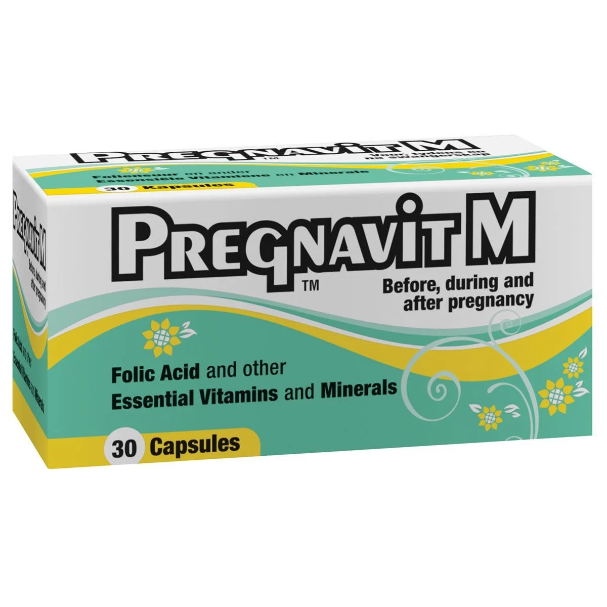 Box of Pregnavit M Capsules, which are prenatal vitamins and minerals, contains 30 capsules.