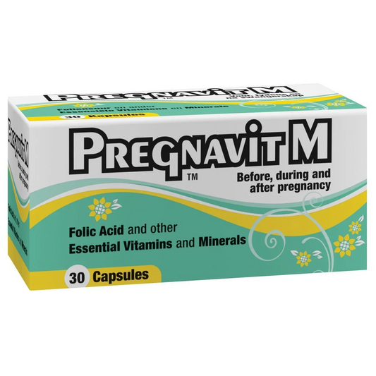Box of Pregnavit M Capsules, which are prenatal vitamins and minerals, contains 30 capsules.