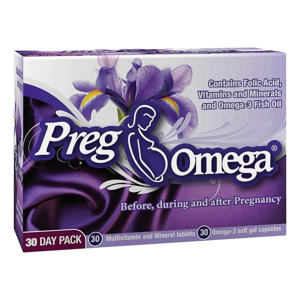 Packaging of PregOmega 30 Day Pack, showing the box with the product name and images of a mother and baby, and mentions of folic acid, vitamins, minerals, and omega-3.