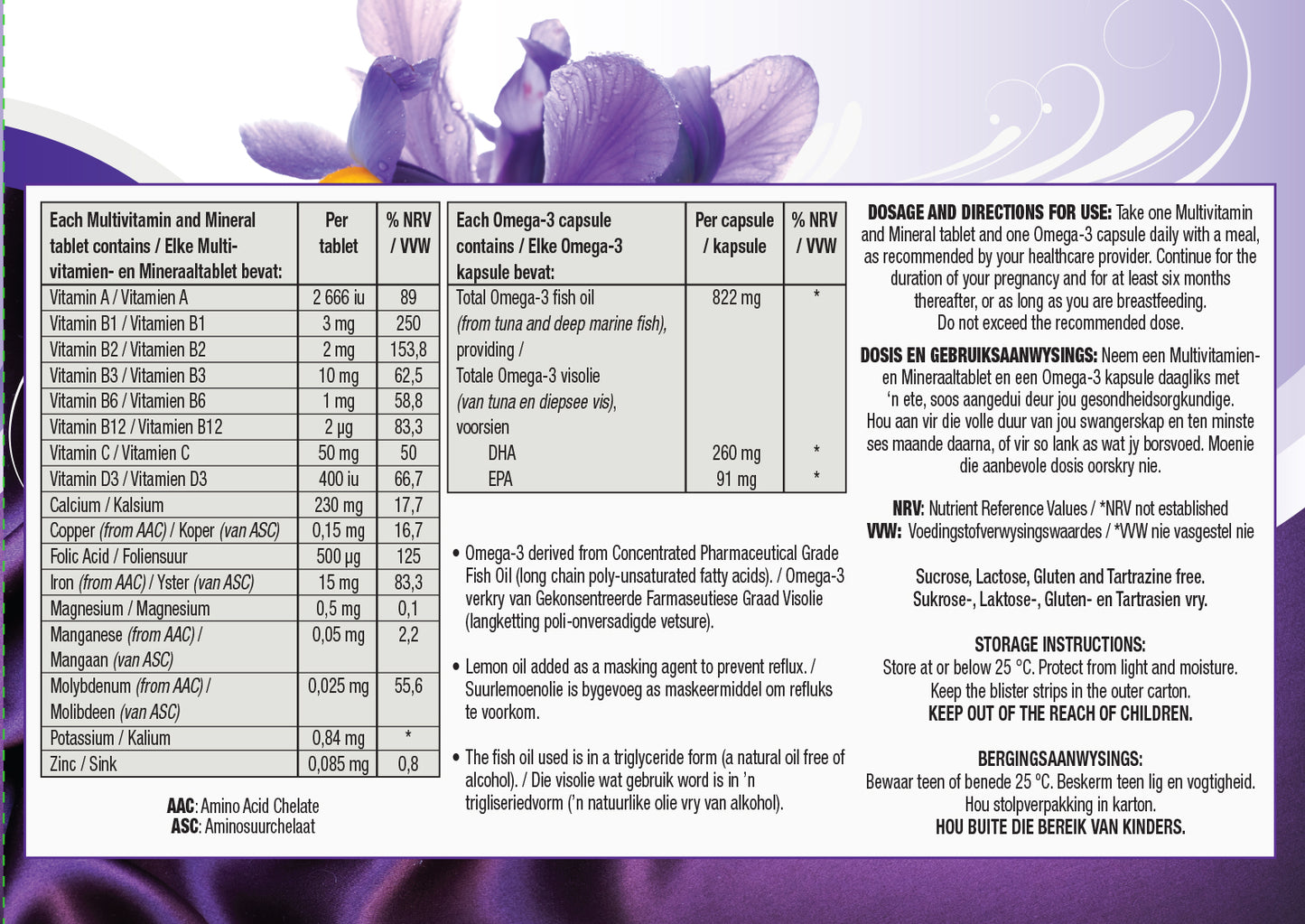 Pregomega 30 Day Pack Rear View showing nutritional information
