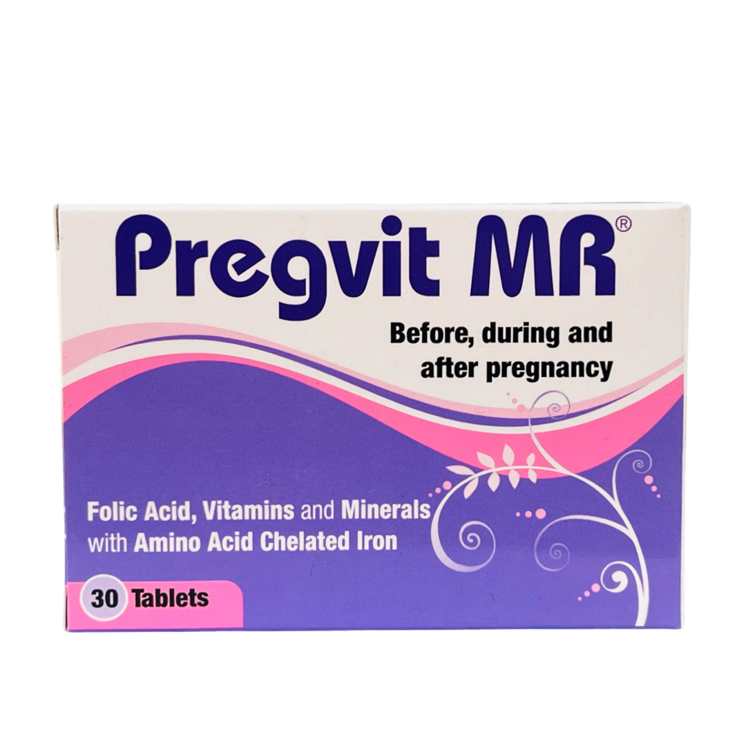 A box of Pregvit MR 30 Tablets with the tagline 'Before, during and after pregnancy' on the packaging. The box indicates the product contains folic acid, vitamins, and minerals with amino acid chelated iron, and has 30 tablets.