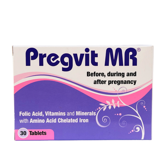 A box of Pregvit MR 30 Tablets with the tagline 'Before, during and after pregnancy' on the packaging. The box indicates the product contains folic acid, vitamins, and minerals with amino acid chelated iron, and has 30 tablets.