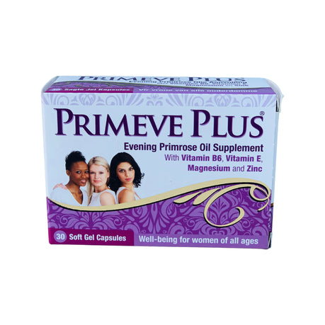 Box of Primeve Plus evening primrose oil supplement with three women on a white background