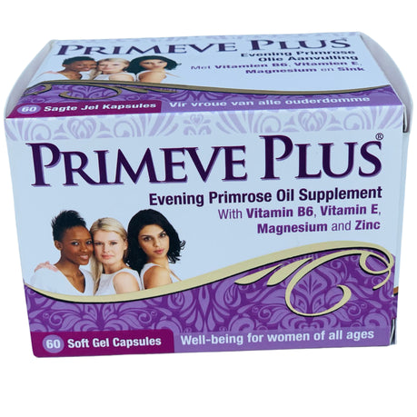 Box of Primeve Plus Evening Primrose Oil Supplement with branding and product details.