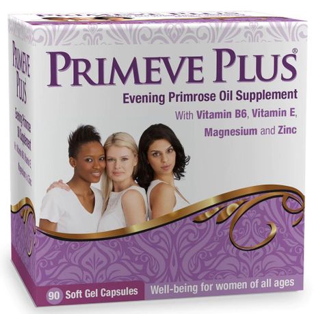 Box of Primeve Plus Evening Primrose Oil Supplement with three women on a purple background