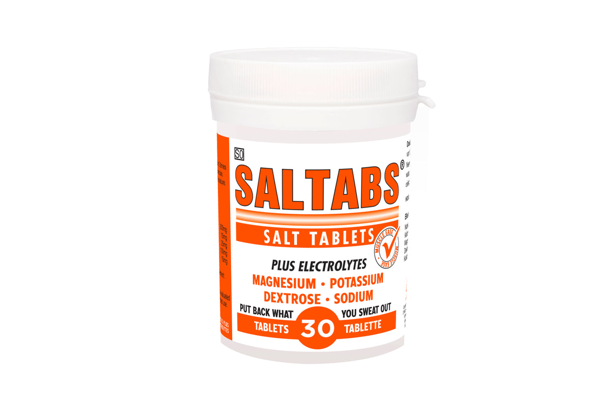 Container of Saltabs salt tablets with electrolytes on a white background