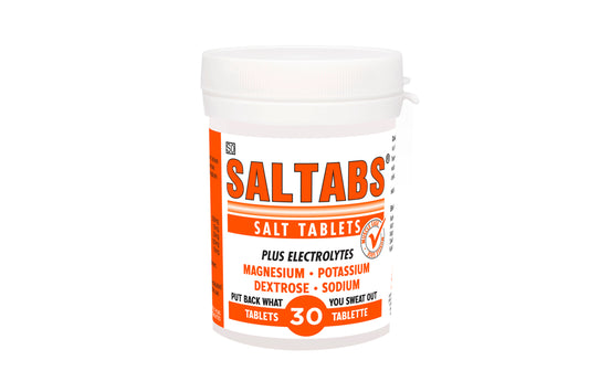 Container of Saltabs salt tablets with electrolytes on a white background