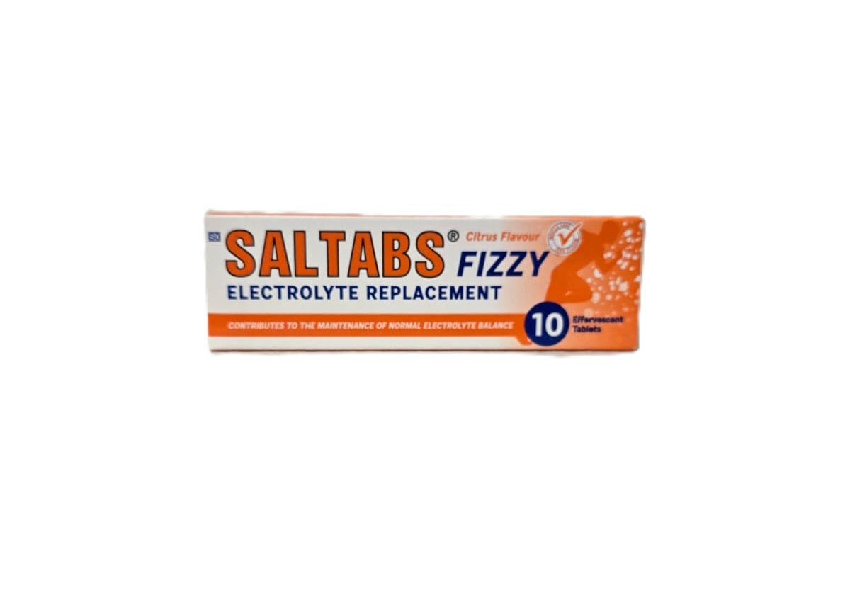 Box of Saltabs Fizzy electrolyte replacement tablets on a white background