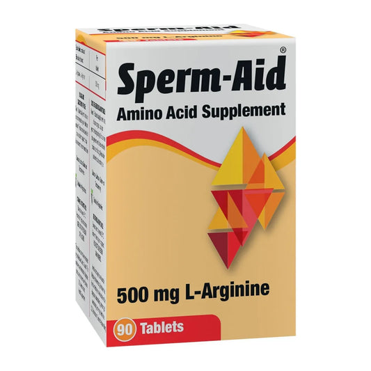 Sperm-Aid amino acid supplement box with red and yellow design on a white background