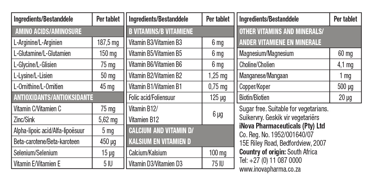 StaminoGro 30 Tablets nutritional information, ingredients, and usage instructions on product label