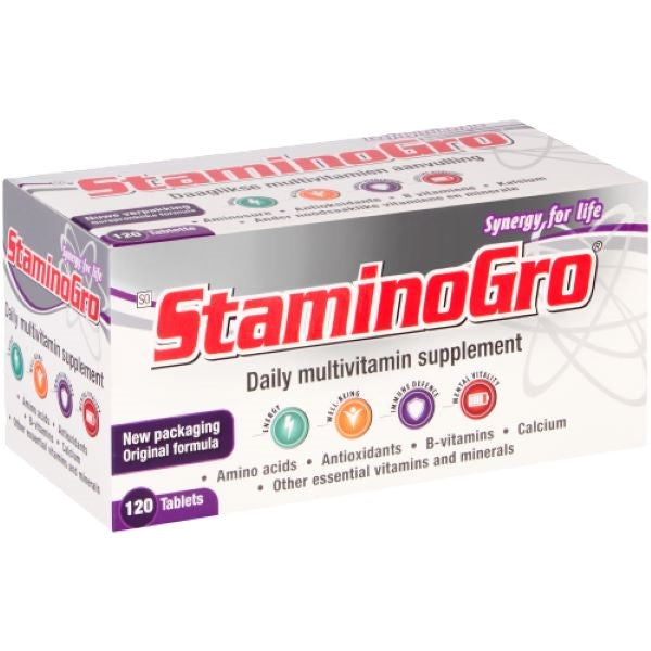 Box of StaminoGro daily multivitamin supplement containing 120 tablets, with highlights on amino acids, antioxidants, B vitamins, calcium, and other essential vitamins and minerals.