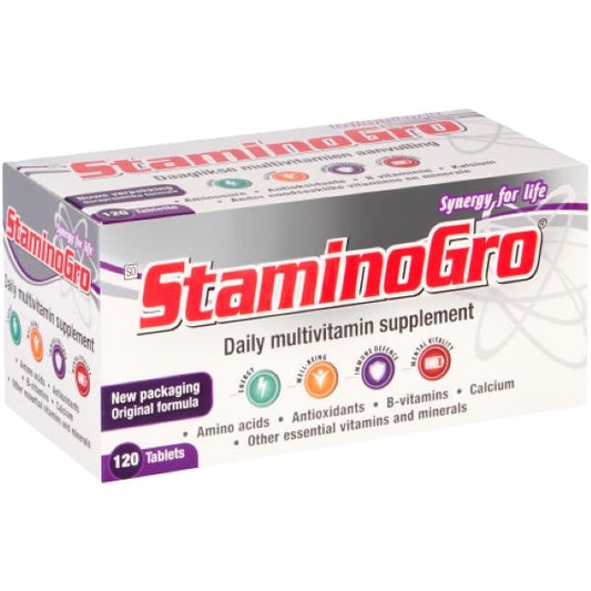 Box of StaminoGro daily multivitamin supplement containing 120 tablets, with highlights on amino acids, antioxidants, B vitamins, calcium, and other essential vitamins and minerals.