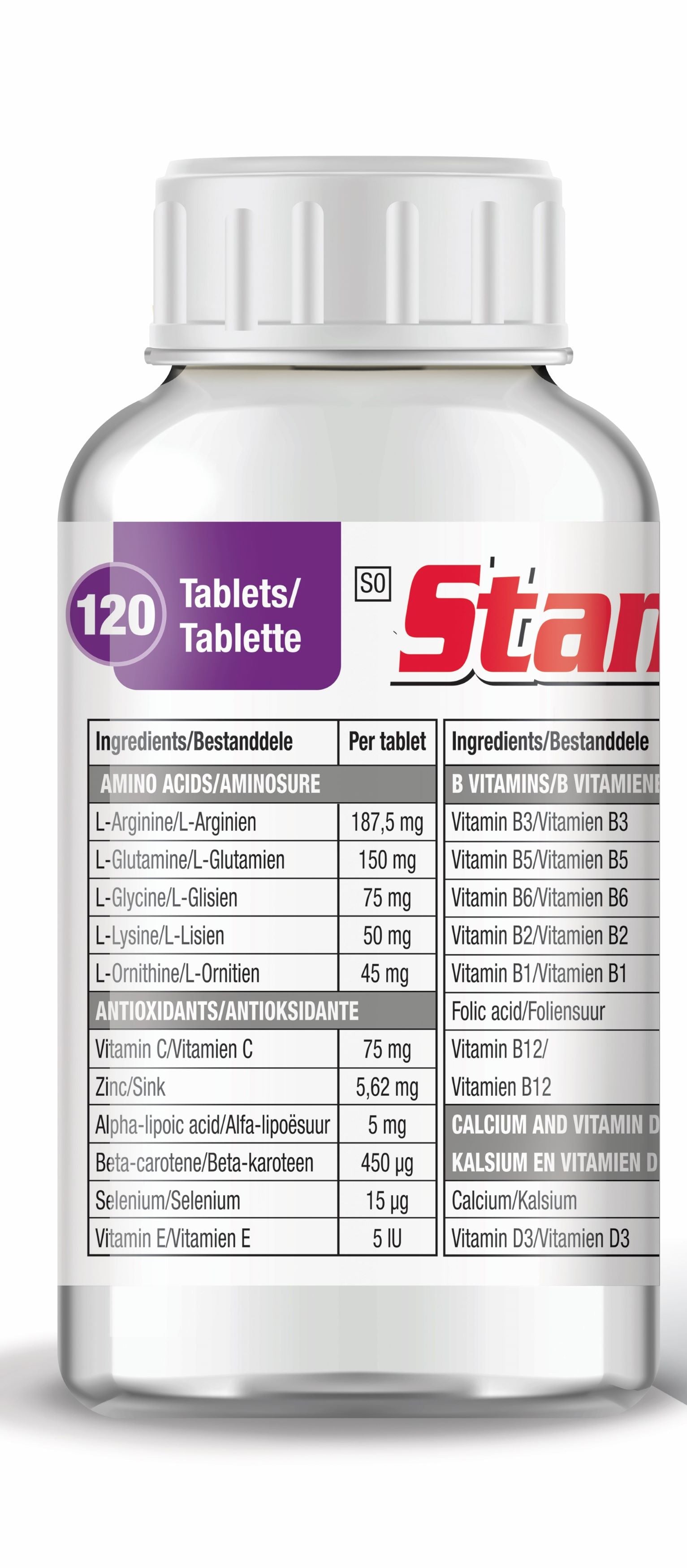 StaminoGro daily multivitamin supplement containing 120 tablets, with highlights on amino acids, antioxidants, B vitamins, calcium, and other essential vitamins and minerals.